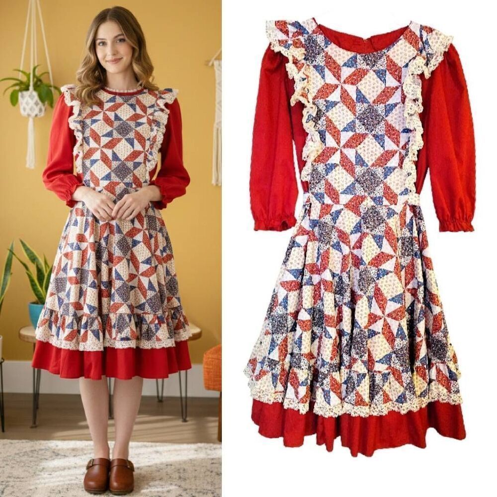 VTG 70s Patchwork Prarie Ruffled Pinafore Square Dance Dress Plus 18 *Medium
